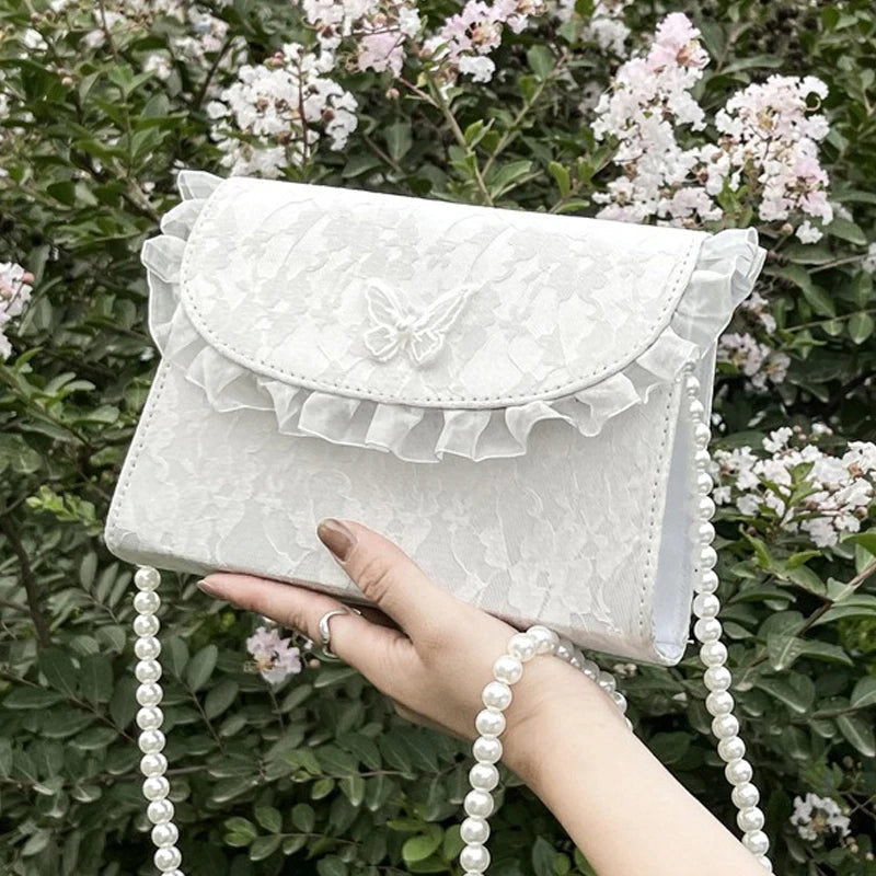 Vintage Lace Pearl Chain Crossbody Bag for Women Small Square Shoulder Bag