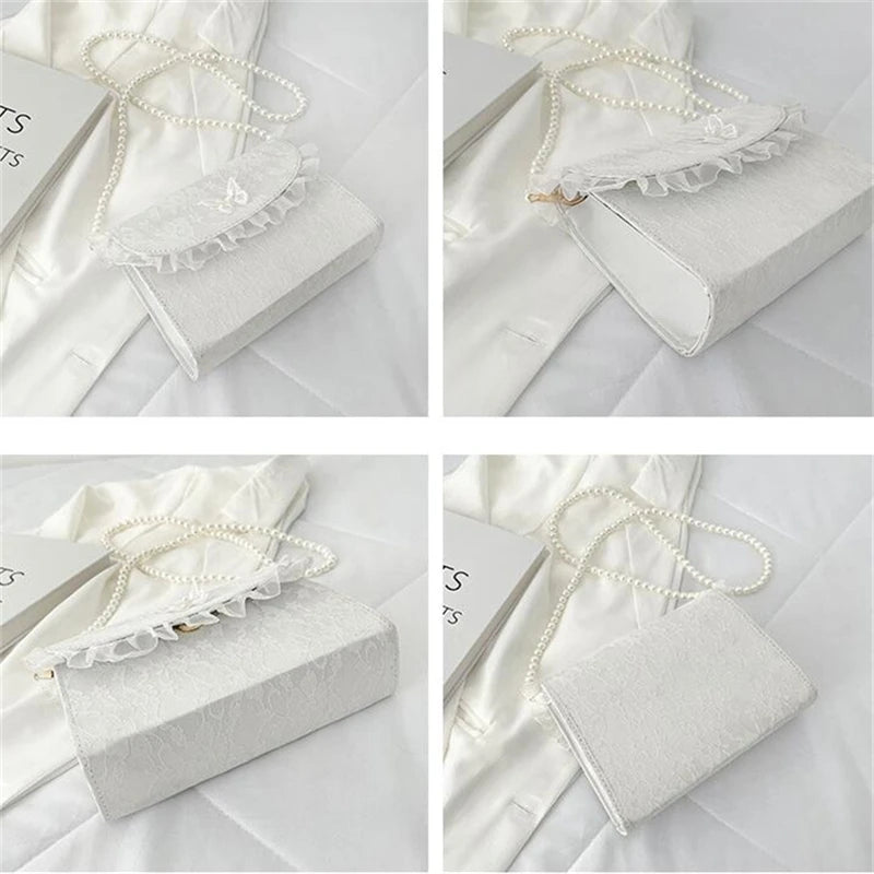 Vintage Lace Pearl Chain Crossbody Bag for Women Small Square Shoulder Bag