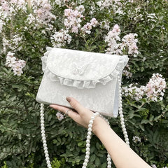 Vintage Lace Pearl Chain Crossbody Bag for Women Small Square Shoulder Bag