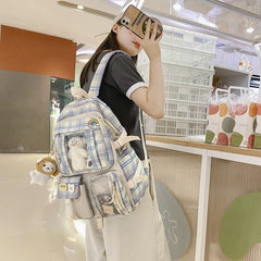 Grid Backpack Women Waterproof High School Bags for Teenage Girl