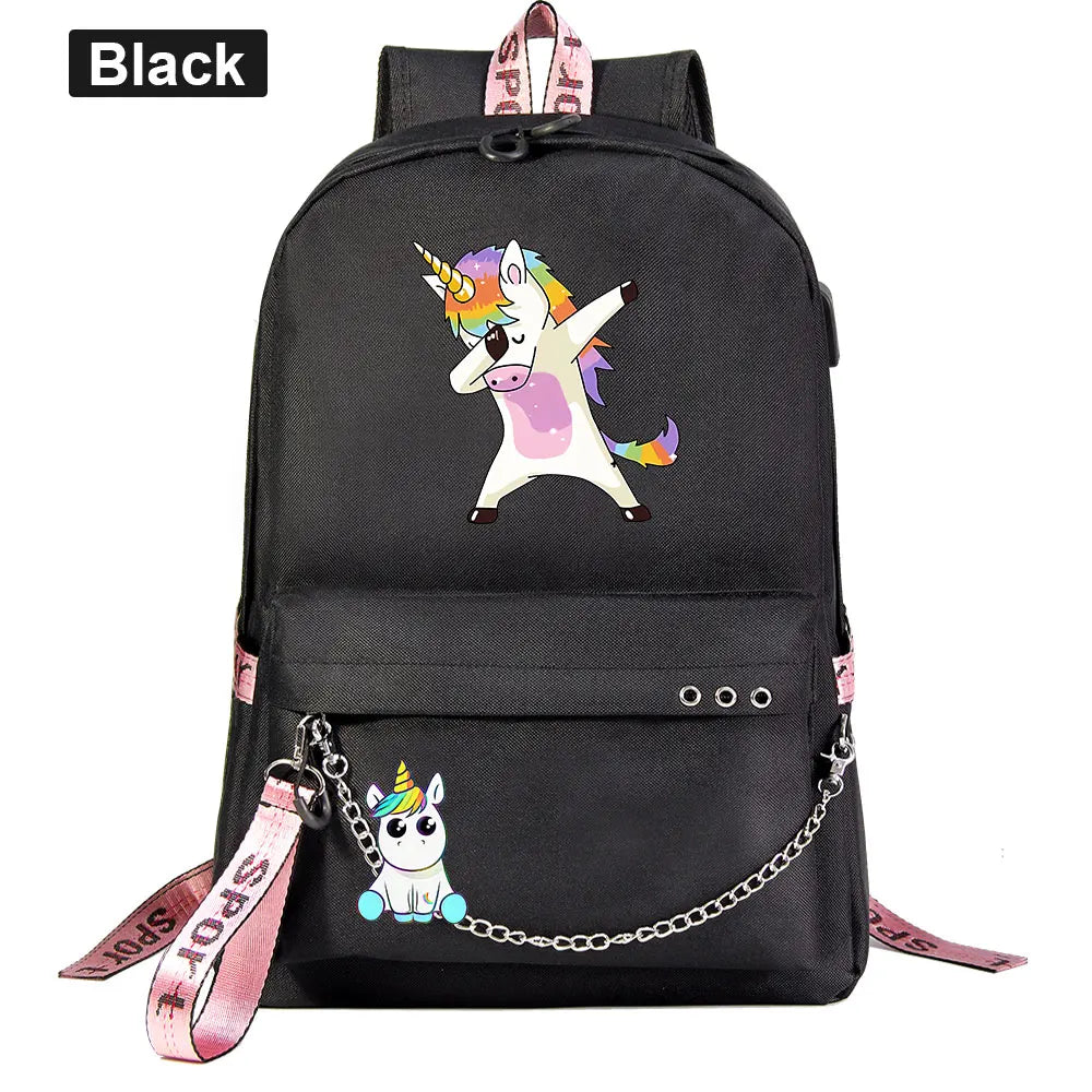 Rainbow Horse Boys Girls Kids School Book Bags Women USB Chain Backpack Canvas M