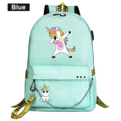 Rainbow Horse Boys Girls Kids School Book Bags Women USB Chain Backpack Canvas M