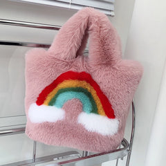 Rainbow Plush Bag Women's Handbag Faux Fur Large Tote Bag