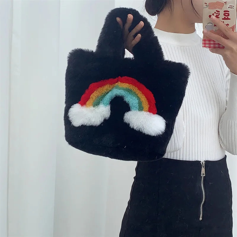 Rainbow Plush Bag Women's Handbag Faux Fur Large Tote Bag