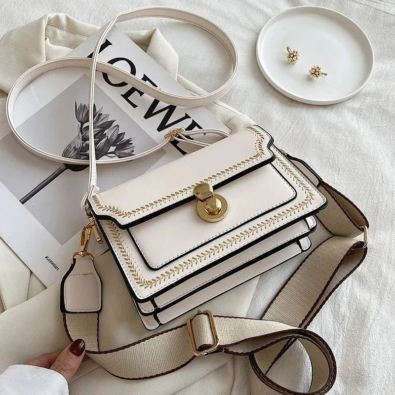 Flap Bags for Women Wide Strap Crossbody Shoulder Bag small PU Leather Handbags