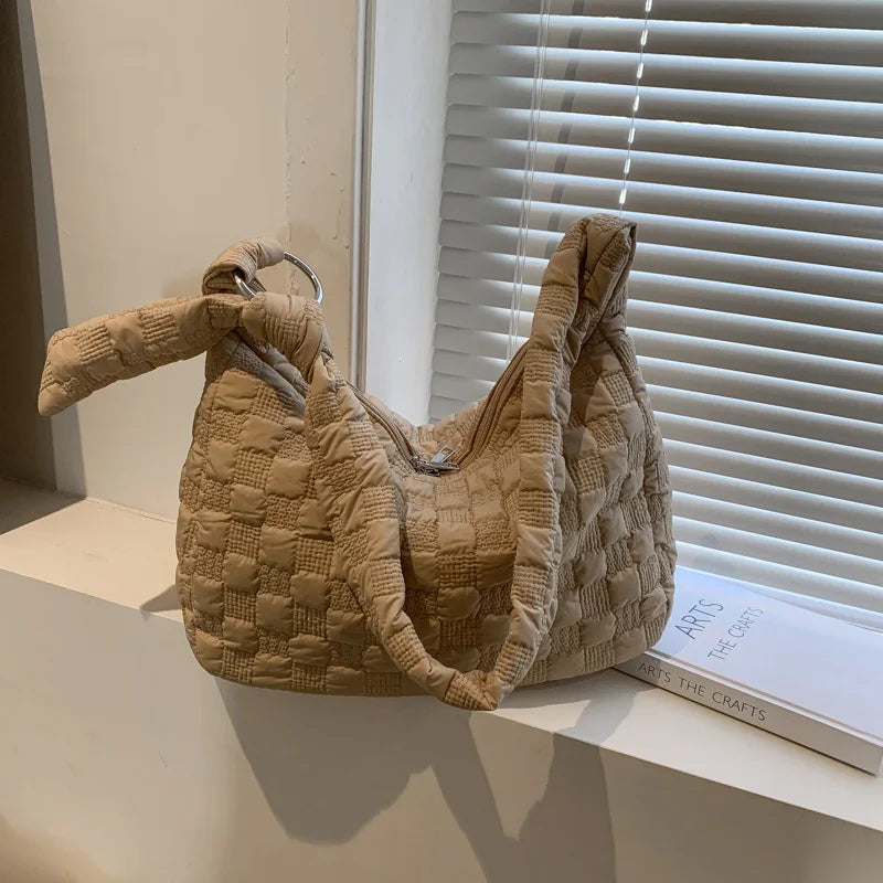 Shoulder Bag Women Casual Space Down Feather Crossbody Plaid Bag Winter Warm