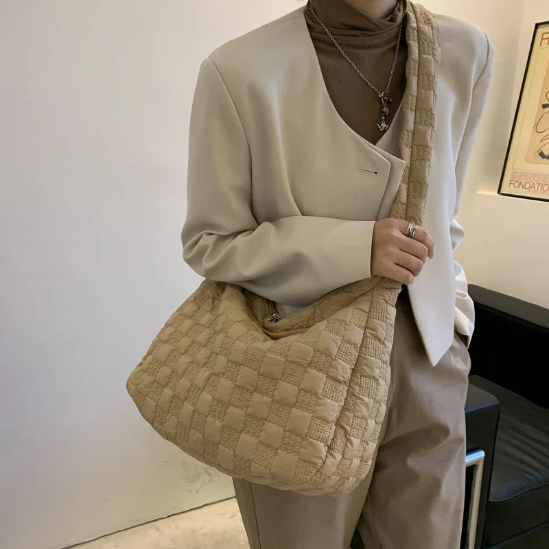 Shoulder Bag Women Casual Space Down Feather Crossbody Plaid Bag Winter Warm