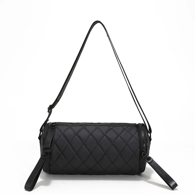 Women's Diamond Quilted Nylon Drum Small Barrel Purse Lady Crossbody Bag