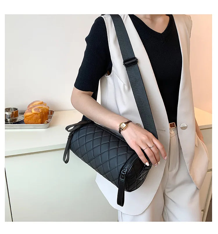 Women's Diamond Quilted Nylon Drum Small Barrel Purse Lady Crossbody Bag