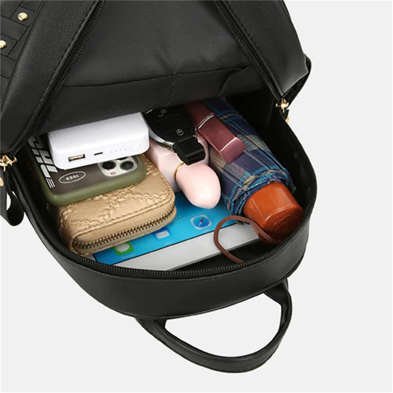 Leather Backpack for Women School Bag Retro Rivet Pocket Bag