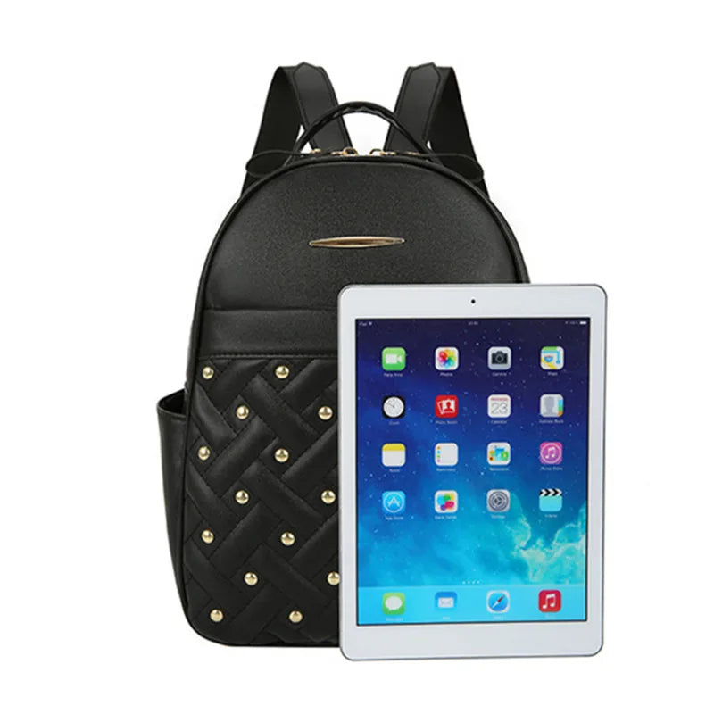 Leather Backpack for Women School Bag Retro Rivet Pocket Bag