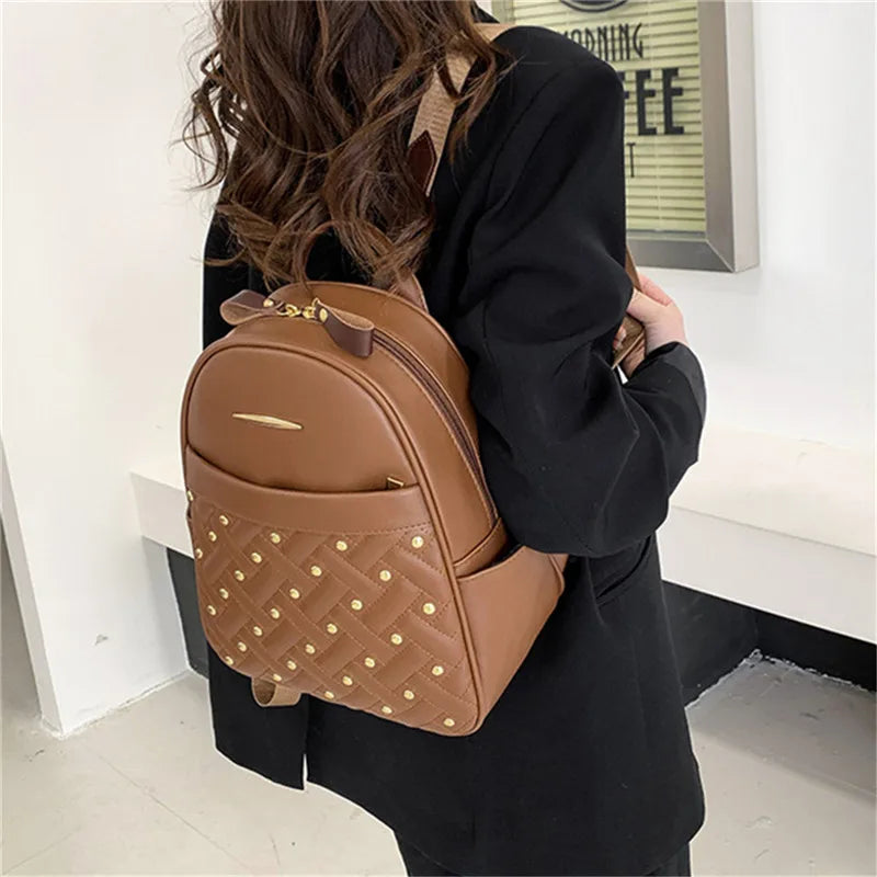Leather Backpack for Women School Bag Retro Rivet Pocket Bag