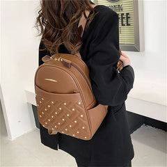 Leather Backpack for Women School Bag Retro Rivet Pocket Bag