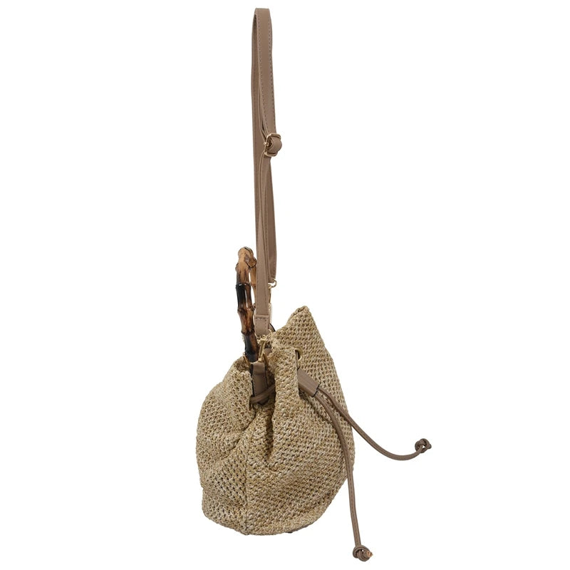 Women's Straw Bucket Bag Woven Shoulder Bags Shopping Purse Beach Handbag