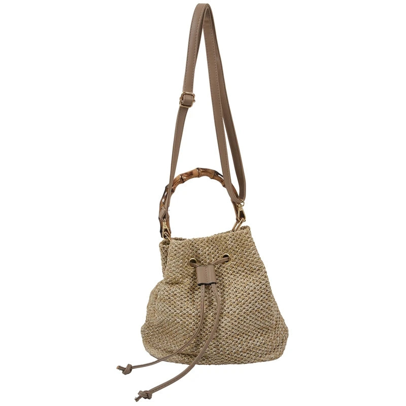 Women's Straw Bucket Bag Woven Shoulder Bags Shopping Purse Beach Handbag