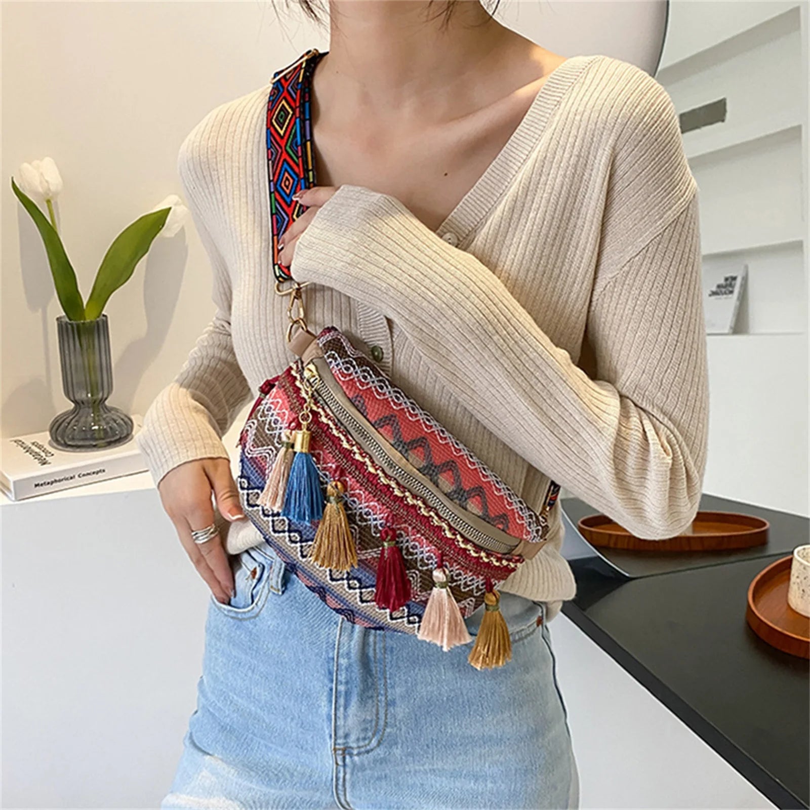 Ethnic Style Lady Saddle Bag Retro Tassel Small Bag