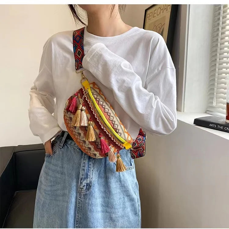 Ethnic Style Women Small Bag Tassel Braided Crossbody Fanny Pack