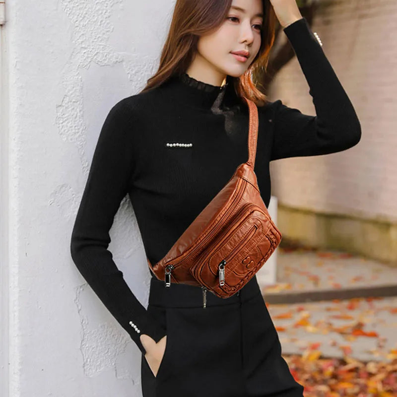 Retro Female Belt Bag Shoulder Crossbody Soft Leather Waist Bag