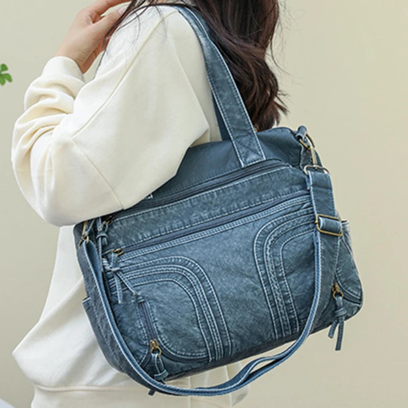 Vintage Denim Soft Pu Leather Handbags Large Capacity Tote Bag