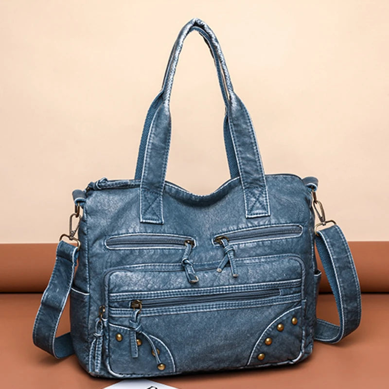 Vintage Denim Soft Pu Leather Handbags Large Capacity Tote Bag