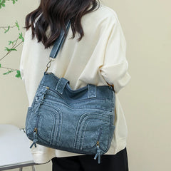 Vintage Denim Soft Pu Leather Handbags Large Capacity Tote Bag