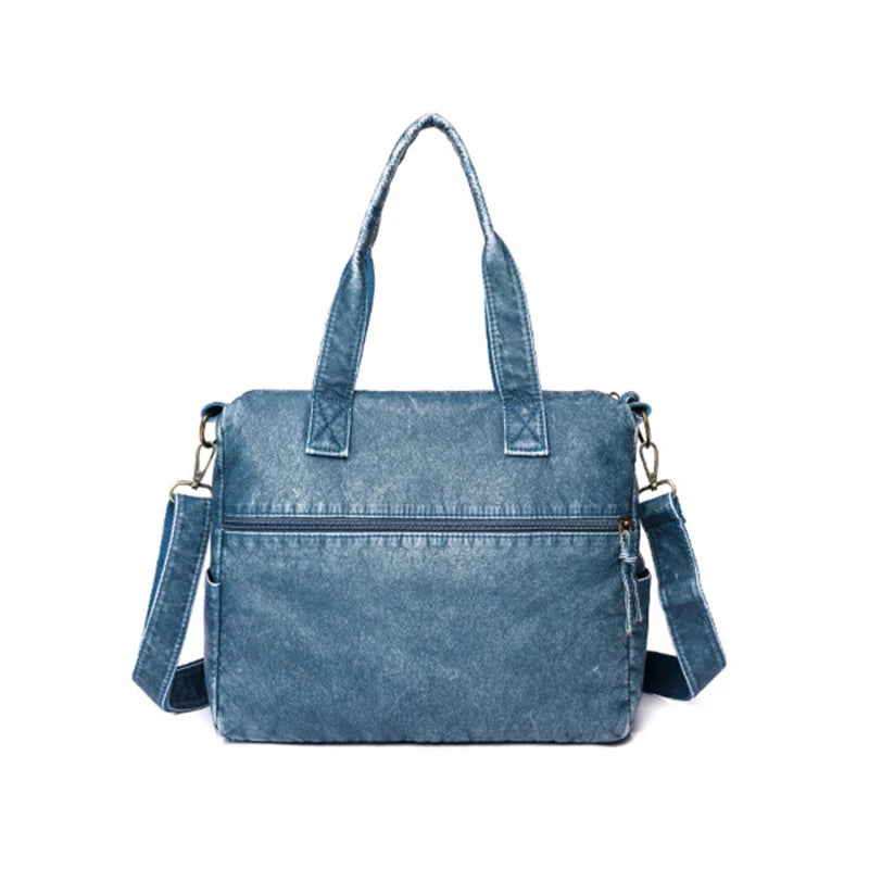 Vintage Denim Soft Pu Leather Handbags Large Capacity Tote Bag