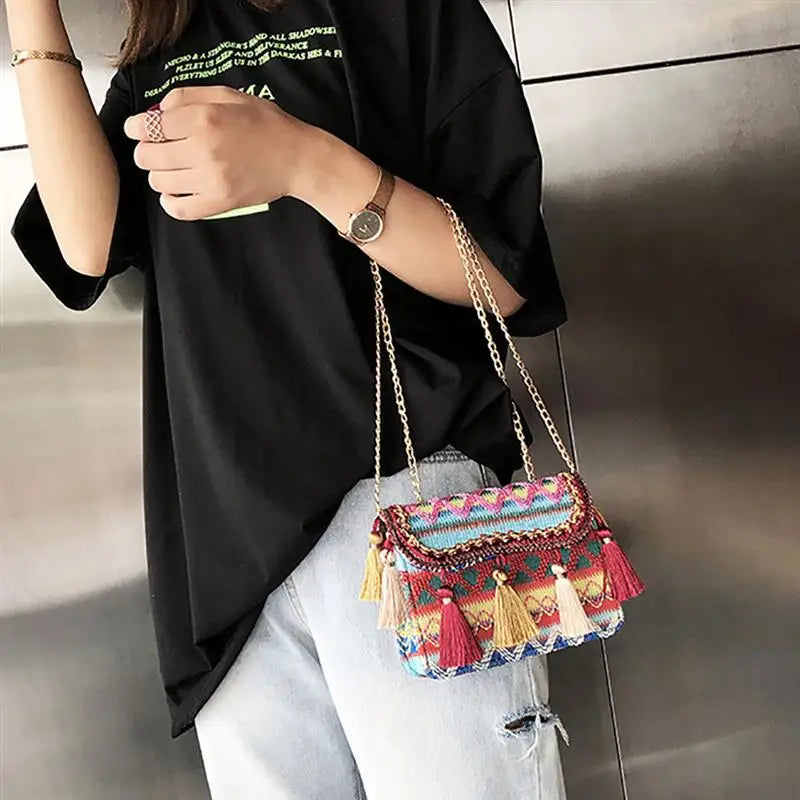 Bohemia Style Rattan Beach Bag Woven Square Straw Tassel Handbag