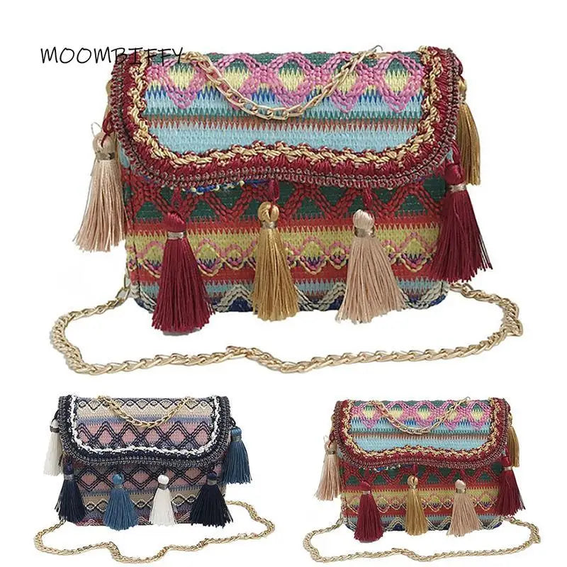 Bohemia Style Rattan Beach Bag Woven Square Straw Tassel Handbag