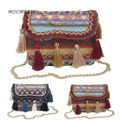 Bohemia Style Rattan Beach Bag Woven Square Straw Tassel Handbag