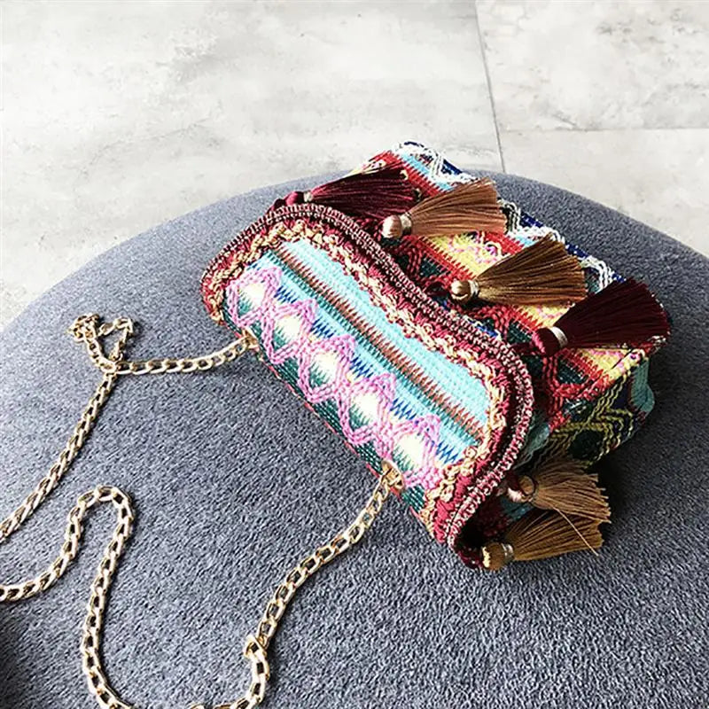 Bohemia Style Rattan Beach Bag Woven Square Straw Tassel Handbag