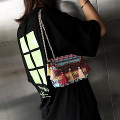 Bohemia Style Rattan Beach Bag Woven Square Straw Tassel Handbag
