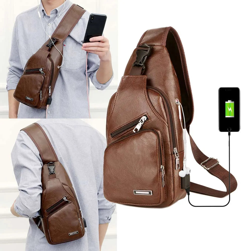Men Leather USB Charging Casual Sports Backpack