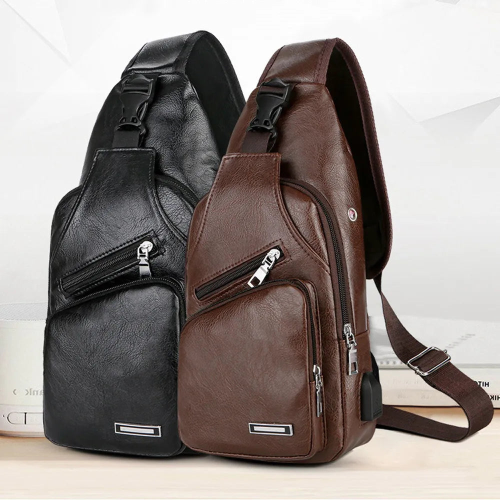 Men Leather USB Charging Casual Sports Backpack