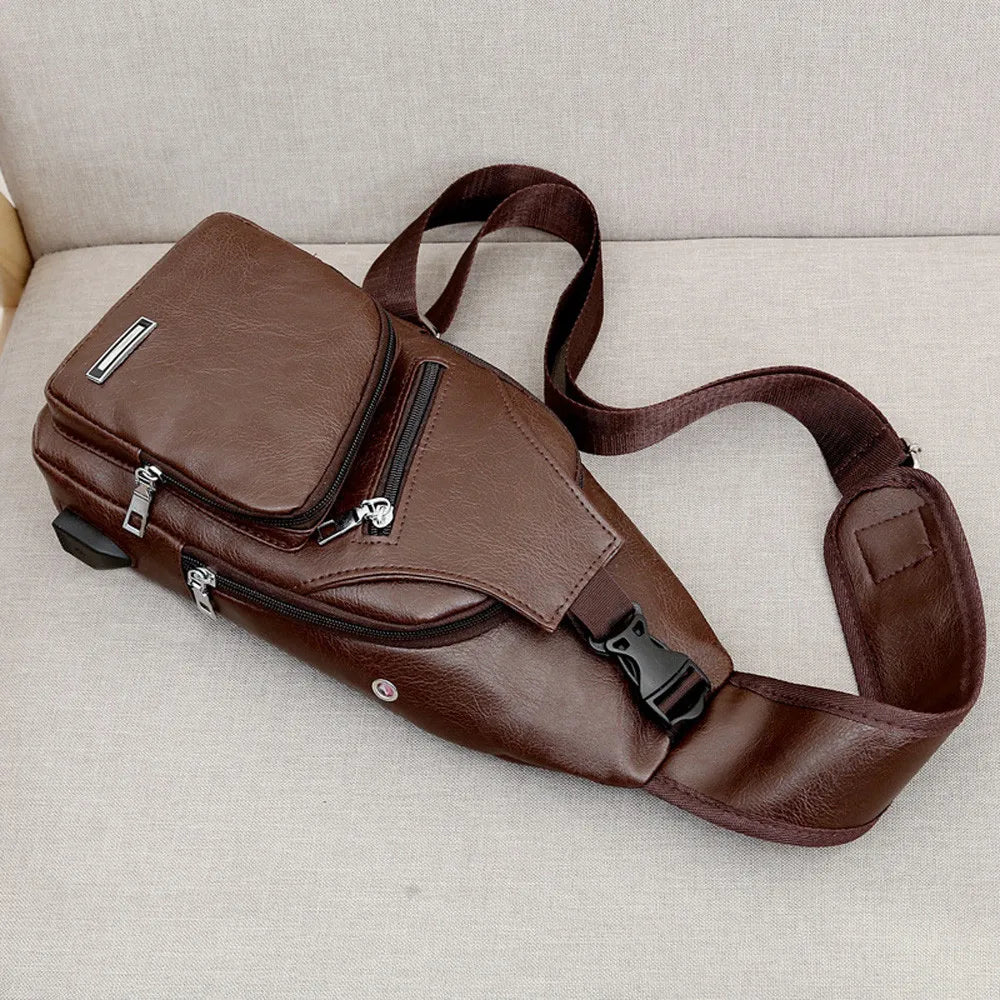 Men Leather USB Charging Casual Sports Backpack