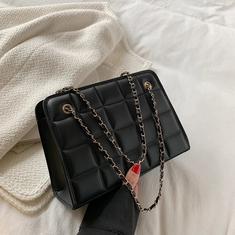 Chain Strap Shoulder Bag Square Ladies Handbags Plaid Pu Leather Crossbody Bags