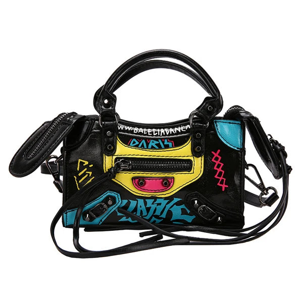 Locomotive Retro Graffiti High Leather Crossbody Bag For Women