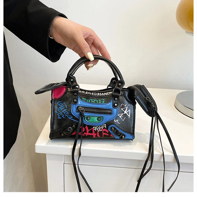 Locomotive Retro Graffiti High Leather Crossbody Bag For Women