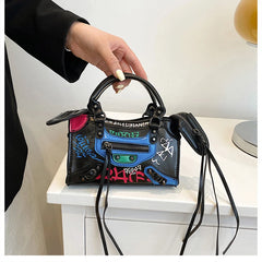 Locomotive Retro Graffiti High Leather Crossbody Bag For Women