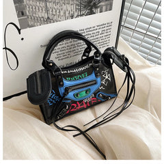 Locomotive Retro Graffiti High Leather Crossbody Bag For Women