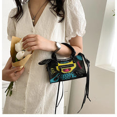 Locomotive Retro Graffiti High Leather Crossbody Bag For Women