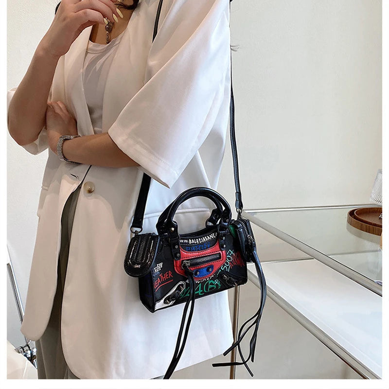 Locomotive Retro Graffiti High Leather Crossbody Bag For Women