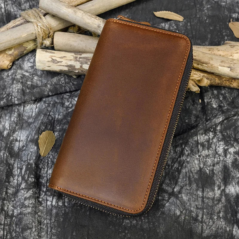 Double Layer Leather Long Purse Vintage Cowskin Zipper Wallet