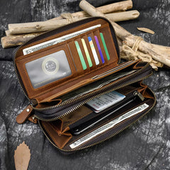 Double Layer Leather Long Purse Vintage Cowskin Zipper Wallet