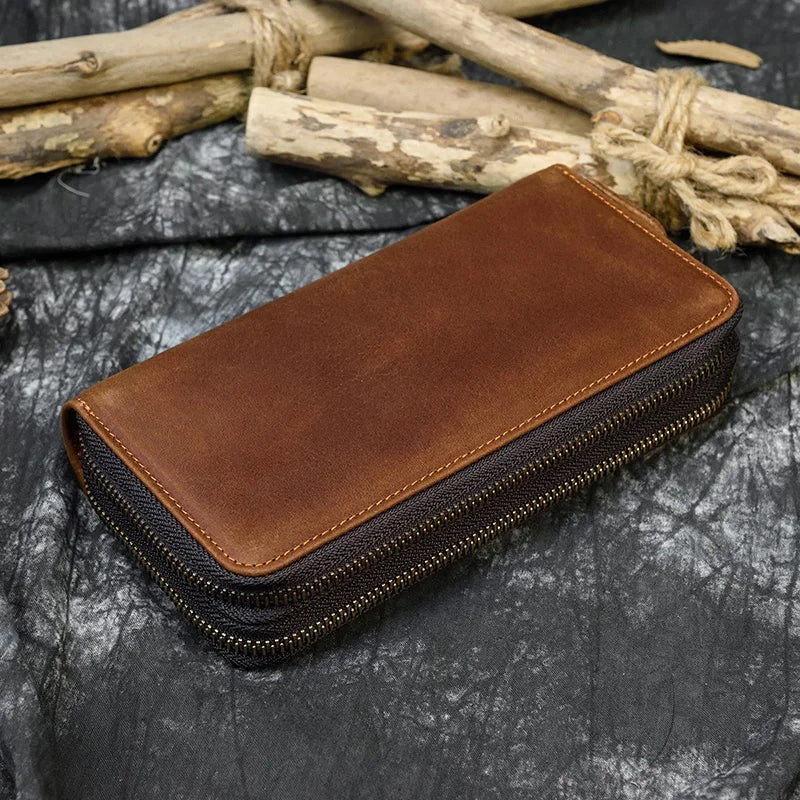 Double Layer Leather Long Purse Vintage Cowskin Zipper Wallet