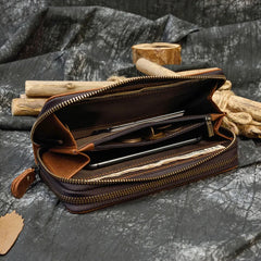 Double Layer Leather Long Purse Vintage Cowskin Zipper Wallet