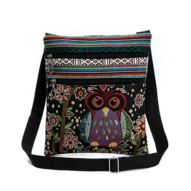 Ethnic Style Women Messenger Bag Owl Embroidered Shopping Girls Shoulder Bag