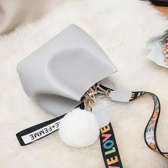 Retro Bucket Bag Crossbody Tote Mini Hair Ball Decor