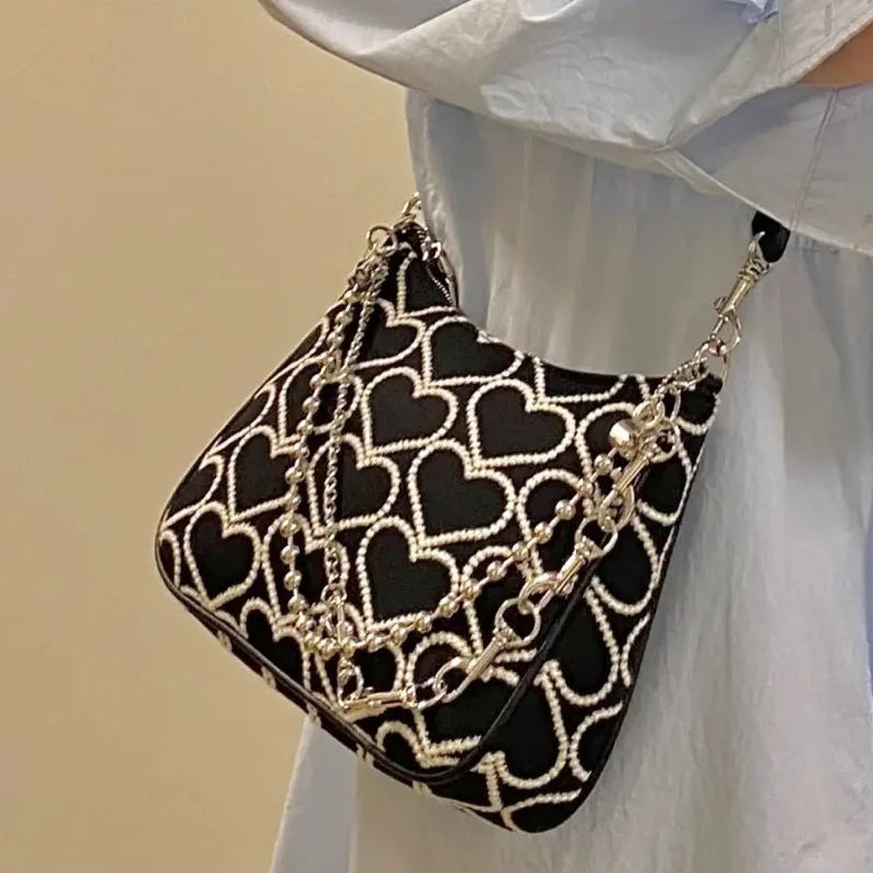 Heart Shape Embroidered Shoulder Bag for Women Girls Autumn Winter