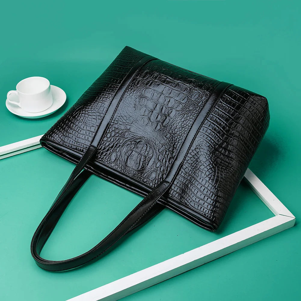 Women Large Capacity Crocodile Leather Shoulder Bag