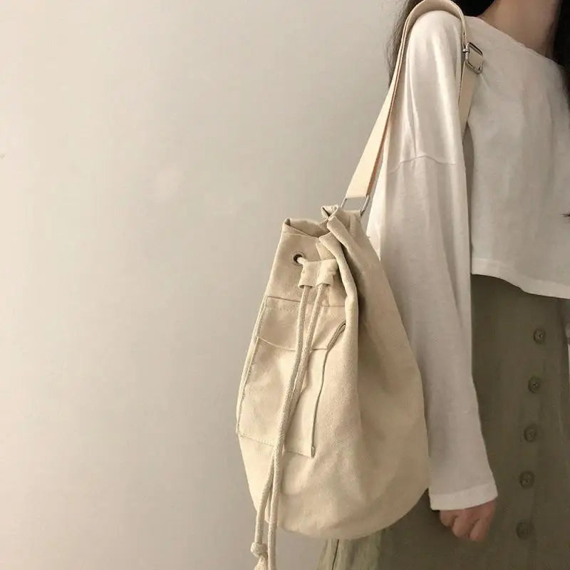 Canvas Drawstring Bucket Bag Large Capacity Backpack